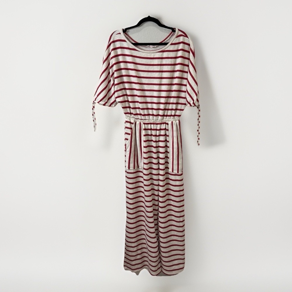 Win Win‎ Striped Knit Wide Leg Jumpsuit Red White Parisian Weekend Vacation Sz M